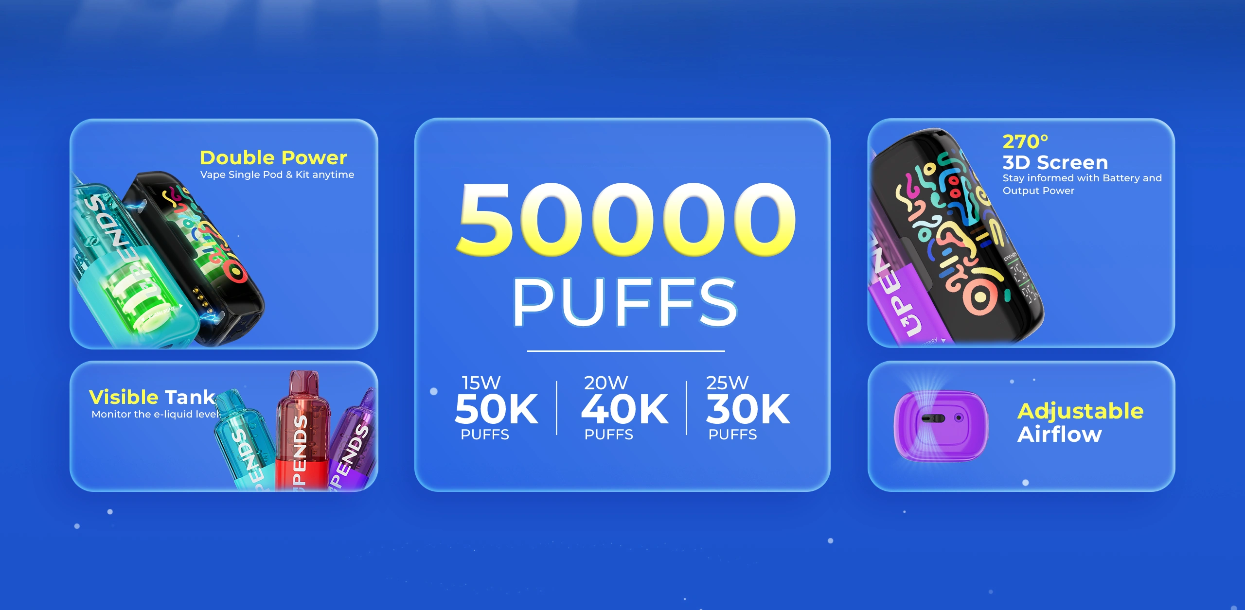 Specyfikacja UPENDS UP9: do 50 000 puffów, regulowany przepływ powietrza, ekran 3D 270 stopni i widoczny poziom płynu.