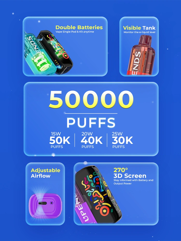 Specyfikacja UPENDS UP9: do 50 000 puffów, regulowany przepływ powietrza, ekran 3D 270 stopni i widoczny poziom płynu.
